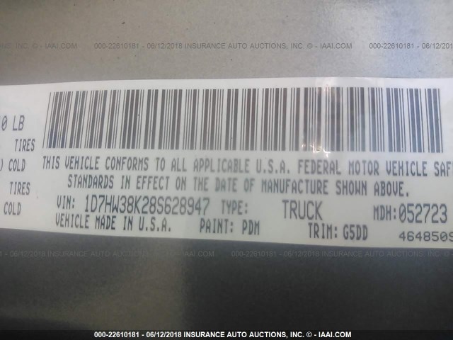 1D7HW38K28S628947 - 2008 DODGE DAKOTA SXT GRAY photo 9