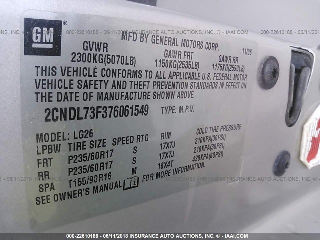 2CNDL73F376061549 - 2007 CHEVROLET EQUINOX LT SILVER photo 9