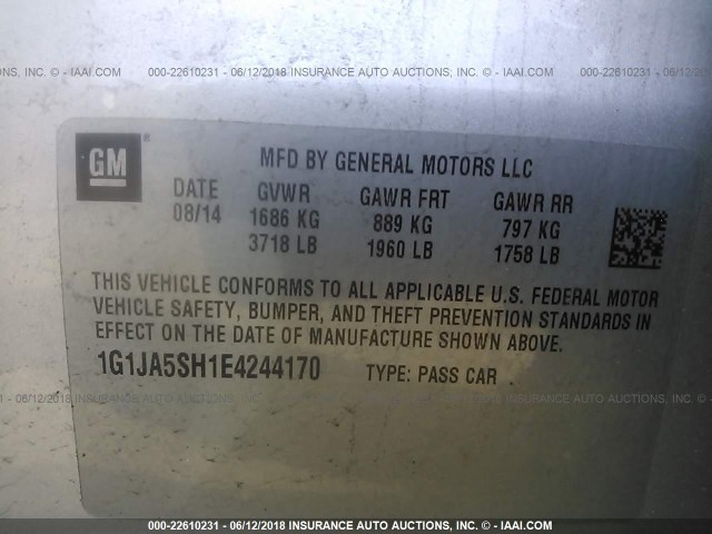 1G1JA5SH1E4244170 - 2014 CHEVROLET SONIC LS 银色 照片 9