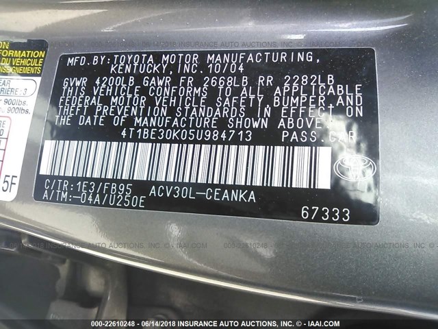 4T1BE30K05U984713 - 2005 TOYOTA CAMRY LE/XLE/SE GRAY photo 9