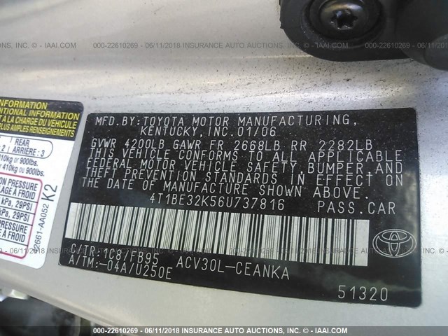 4T1BE32K56U737816 - 2006 TOYOTA CAMRY LE/XLE/SE ვერცხლისფერი ფოტო 9