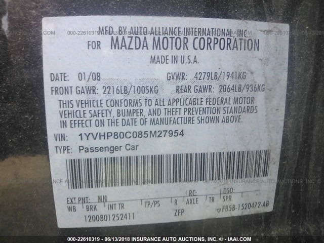 1YVHP80C085M27954 - 2008 MAZDA 6 I BLACK photo 9