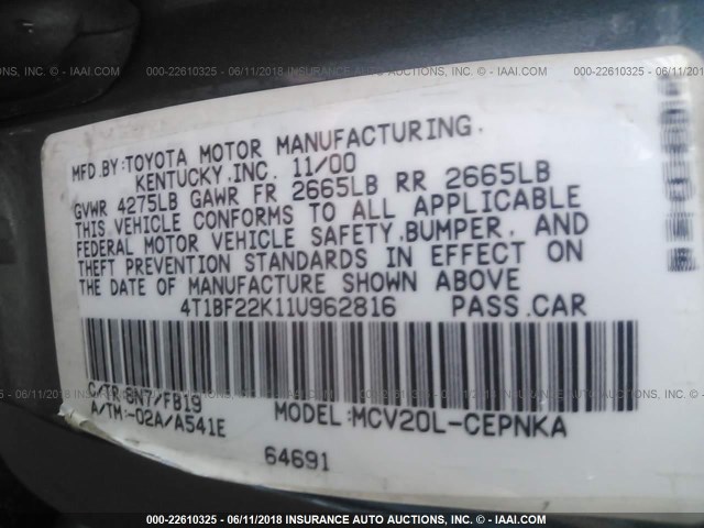 4T1BF22K11U962816 - 2001 TOYOTA CAMRY LE/XLE 蓝色 照片 9