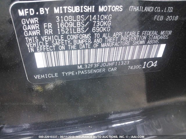 ML32F3FJ0JHF11323 - 2018 MITSUBISHI MIRAGE G4 ES შავი ფოტო 9