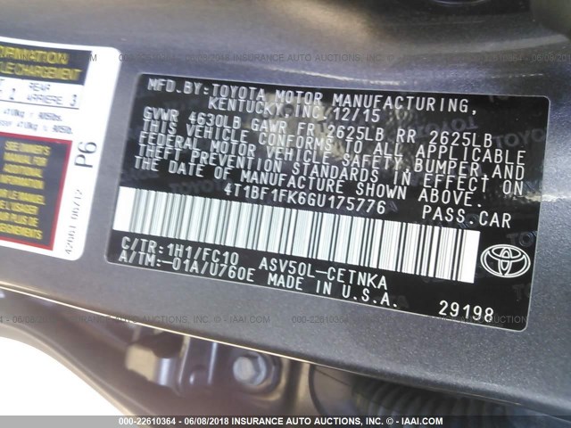 4T1BF1FK6GU175776 - 2016 TOYOTA CAMRY LE/XLE/SE/XSE 灰色 照片 9