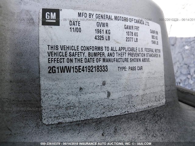 2G1WW15E419218333 - 2001 CHEVROLET MONTE CARLO LS 银色 照片 9