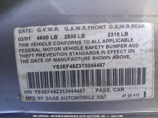 YS3EF48Z313044467 - 2001 SAAB 9-5 SE GRAY photo 9