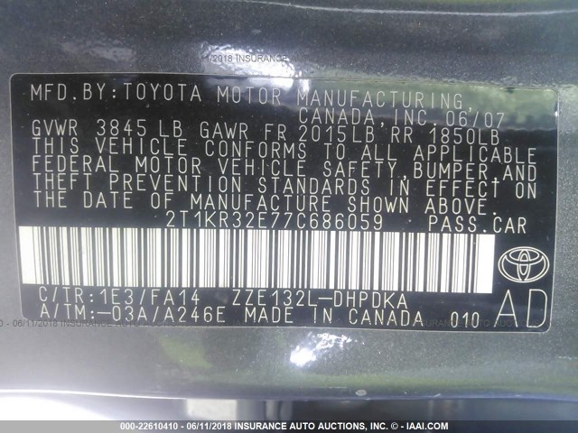 2T1KR32E77C686059 - 2007 TOYOTA COROLLA MATRIX XR GRAY photo 9