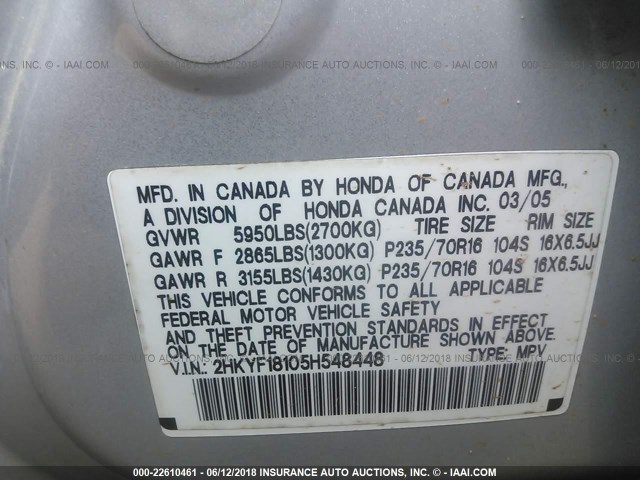 2HKYF18105H548448 - 2005 HONDA PILOT LX SILVER photo 9