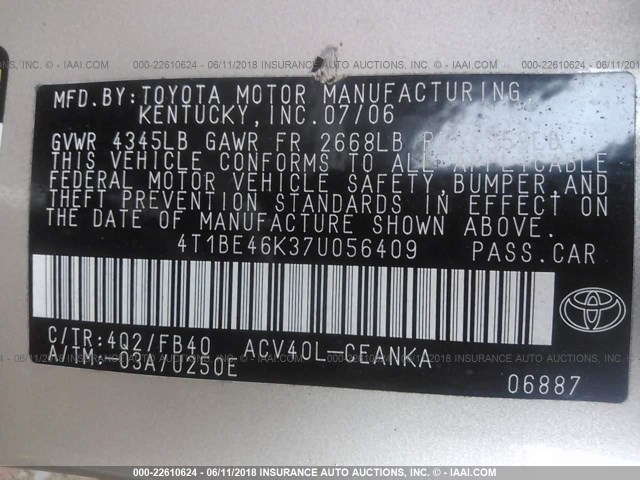 4T1BE46K37U056409 - 2007 TOYOTA CAMRY NEW GENERAT CE/LE/XLE/SE GOLD photo 9