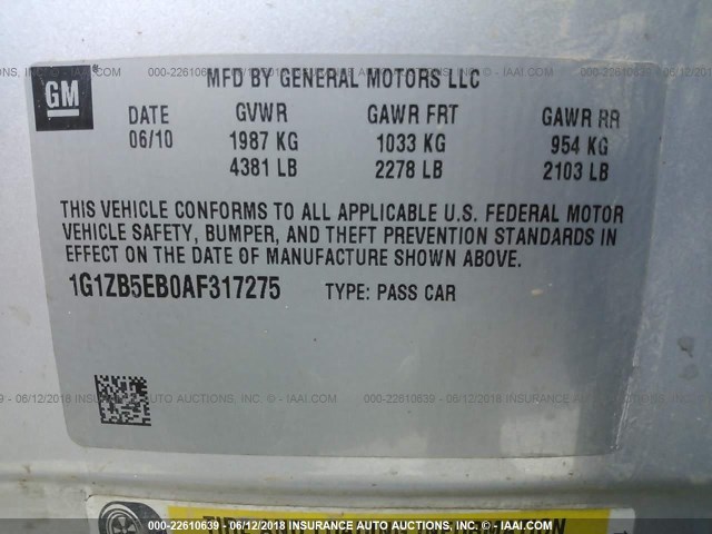 1G1ZB5EB0AF317275 - 2010 CHEVROLET MALIBU LS SILVER photo 9
