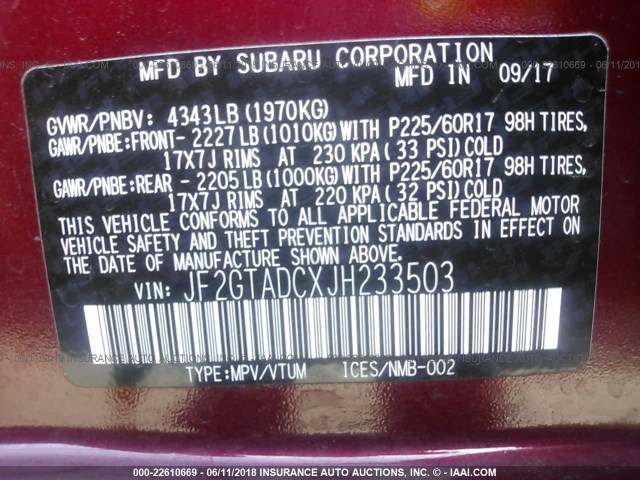 JF2GTADCXJH233503 - 2018 SUBARU CROSSTREK PREMIUM Қызыл фото 9