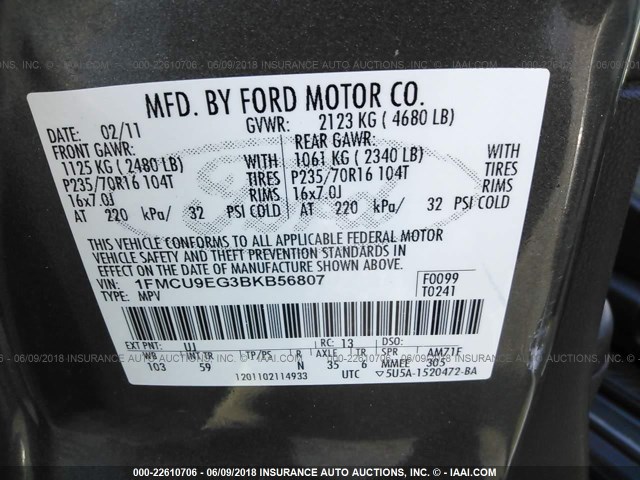 1FMCU9EG3BKB56807 - 2011 FORD ESCAPE LIMITED GRAY photo 9