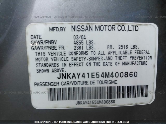 JNKAY41E54M400860 - 2004 INFINITI M45 GRAY photo 9