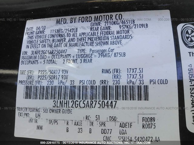 3LNHL2GC5AR750447 - 2010 LINCOLN MKZ BLACK photo 9