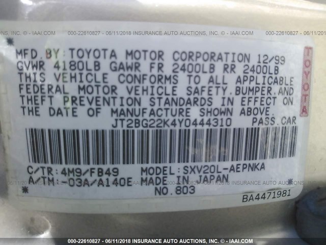 JT2BG22K4Y0444310 - 2000 TOYOTA CAMRY CE/LE/XLE GOLD photo 9