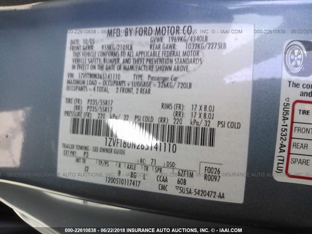 1ZVFT80N265141110 - 2006 FORD MUSTANG BLUE photo 9