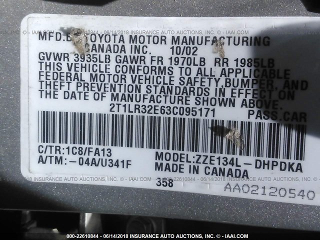 2T1LR32E63C095171 - 2003 TOYOTA COROLLA MATRIX XR SILVER photo 9