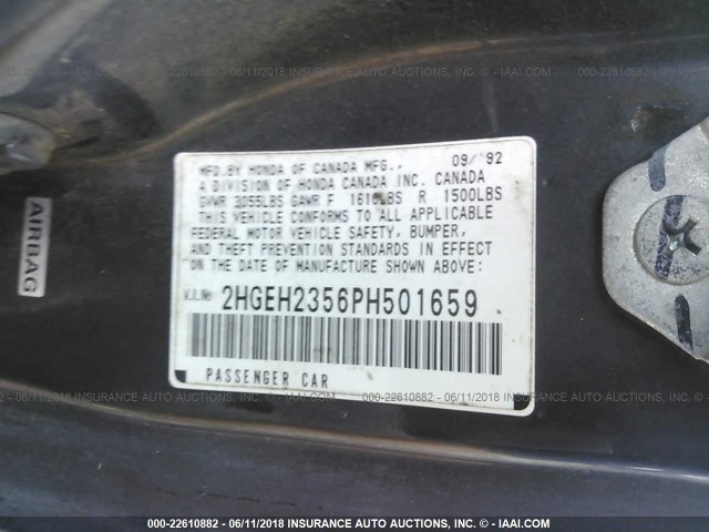 2HGEH2356PH501659 - 1993 HONDA CIVIC CX WHITE photo 9