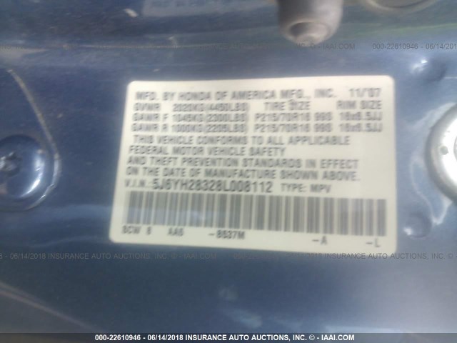 5J6YH28328L008112 - 2008 HONDA ELEMENT LX BLUE photo 9