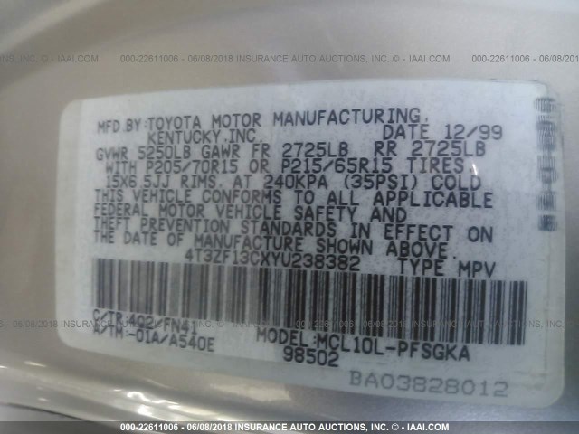 4T3ZF13CXYU238382 - 2000 TOYOTA SIENNA LE/XLE TAN photo 9