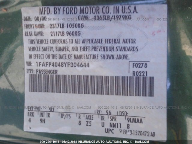 1FAFP4048YF304644 - 2000 FORD MUSTANG Կանաչ լուսանկար 9