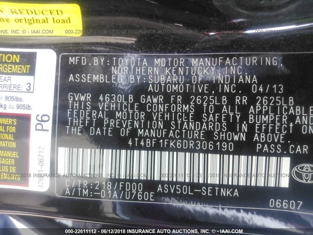 4T4BF1FK6DR306190 - 2013 TOYOTA CAMRY L/SE/LE/XLE 黑色 照片 9