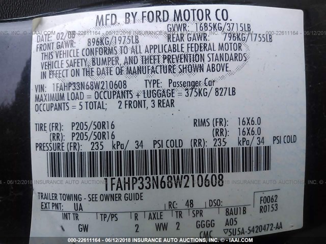 1FAHP33N68W210608 - 2008 FORD FOCUS SE/SEL/SES BLACK photo 9