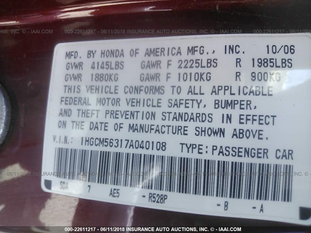 1HGCM56317A040108 - 2007 HONDA ACCORD SE RED photo 9