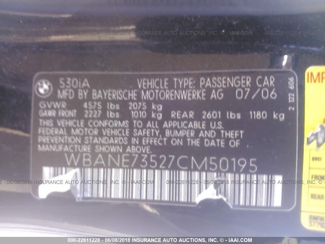 WBANE73527CM50195 - 2007 BMW 530 I BLACK photo 9