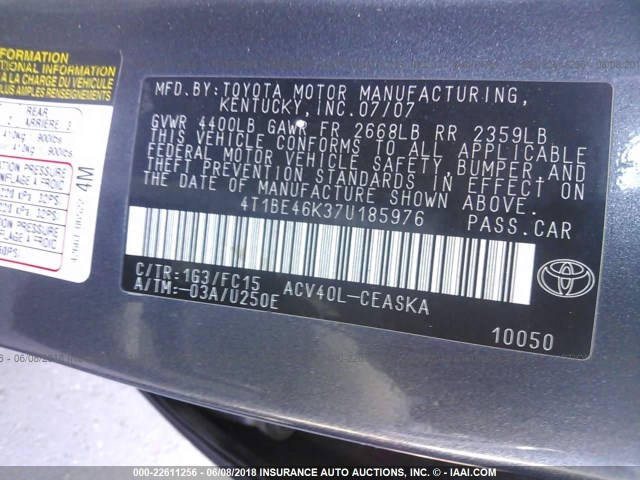 4T1BE46K37U185976 - 2007 TOYOTA CAMRY NEW GENERAT CE/LE/XLE/SE GRAY photo 9