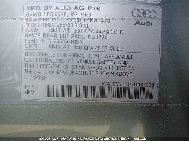 WA1BV74L27D067963 - 2007 AUDI Q7 4.2 QUATTRO PREMIUM GRAY photo 9