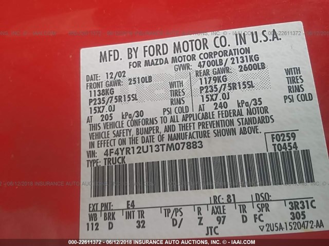 4F4YR12U13TM07883 - 2003 MAZDA B3000 RED photo 9