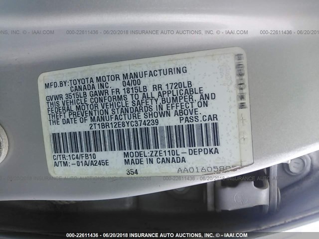 2T1BR12E8YC374239 - 2000 TOYOTA COROLLA VE/CE/LE GRAY photo 9