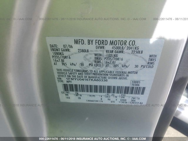 1FMYU04167KA60336 - 2007 FORD ESCAPE LIMITED SILVER photo 9