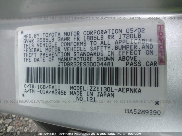 JTDBR32E930004481 - 2003 TOYOTA COROLLA CE/LE SILVER photo 9