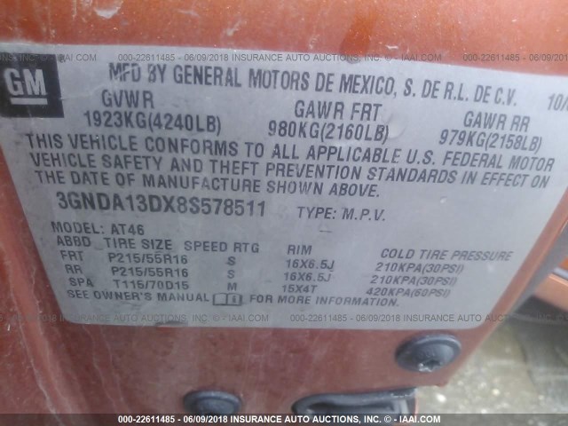 3GNDA13DX8S578511 - 2008 CHEVROLET HHR LS ORANGE photo 9