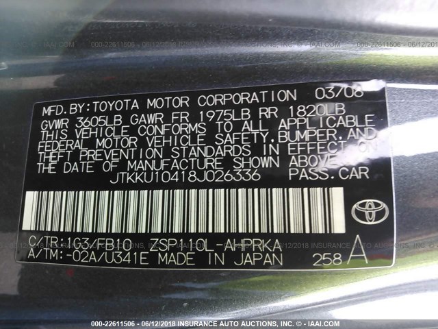 JTKKU10418J026336 - 2008 TOYOTA SCION XD GRAY photo 9