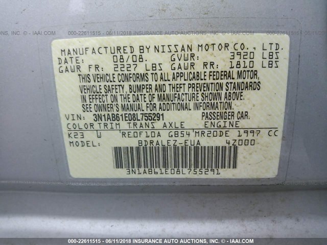 3N1AB61E08L755291 - 2008 NISSAN SENTRA 2.0/2.0S/2.0SL SILVER photo 9