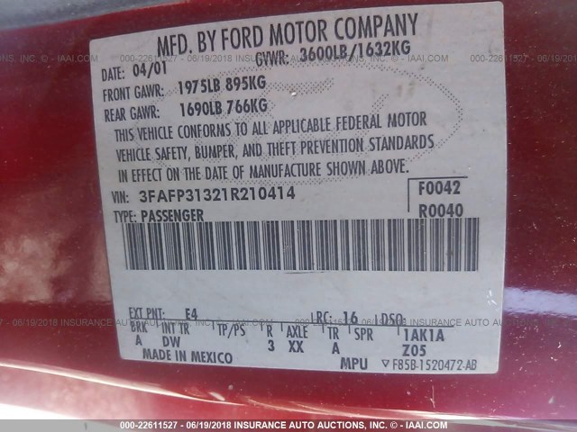 3FAFP31321R210414 - 2001 FORD FOCUS ZX3 RED photo 9