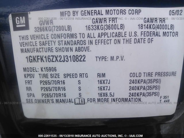 1GKFK16ZX2J310822 - 2002 GMC YUKON XL K1500 Dark Blue photo 9