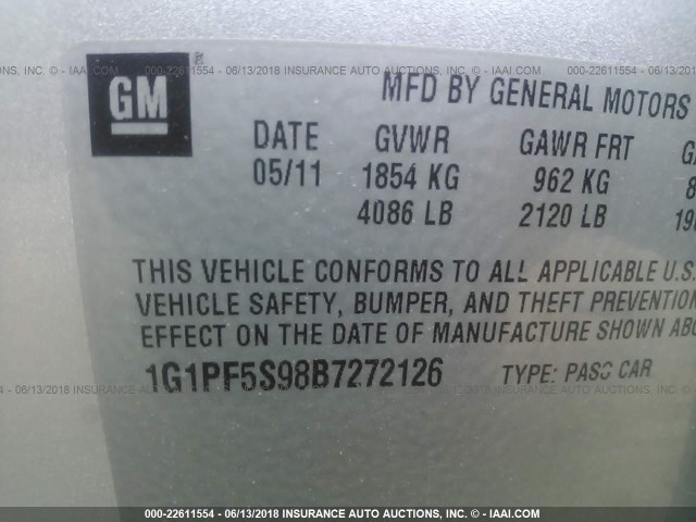 1G1PF5S98B7272126 - 2011 CHEVROLET CRUZE LT SILVER photo 9