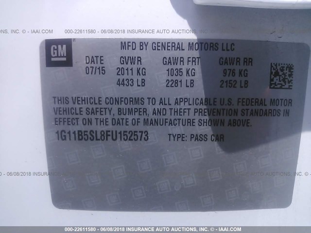 1G11B5SL8FU152573 - 2015 CHEVROLET MALIBU LS თეთრი ფოტო 9