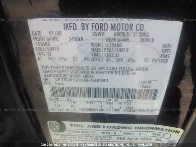 1FTRW12859FA45153 - 2009 FORD F150 SUPERCREW BLACK photo 9