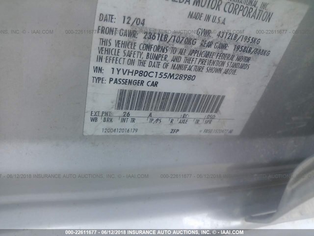 1YVHP80C155M28980 - 2005 MAZDA 6 I Արծաթագույն լուսանկար 9