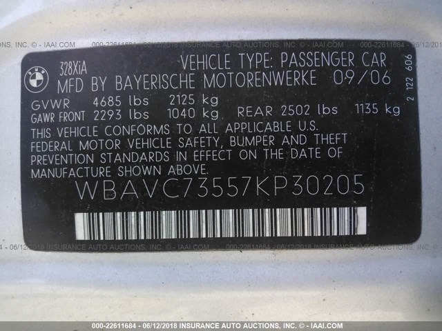 WBAVC73557KP30205 - 2007 BMW 328 XI SULEV SILVER photo 9