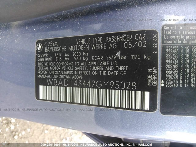 WBADT43442GY95028 - 2002 BMW 525 I AUTOMATIC Light Blue photo 9