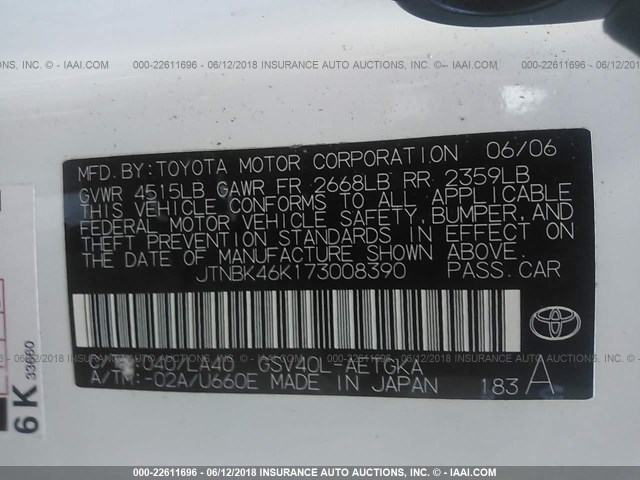 JTNBK46K173008390 - 2007 TOYOTA CAMRY NEW GENERAT LE/XLE/SE WHITE photo 9