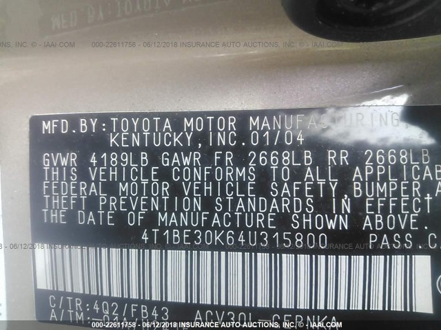 4T1BE30K64U315800 - 2004 TOYOTA CAMRY LE/XLE/SE 金色 照片 9