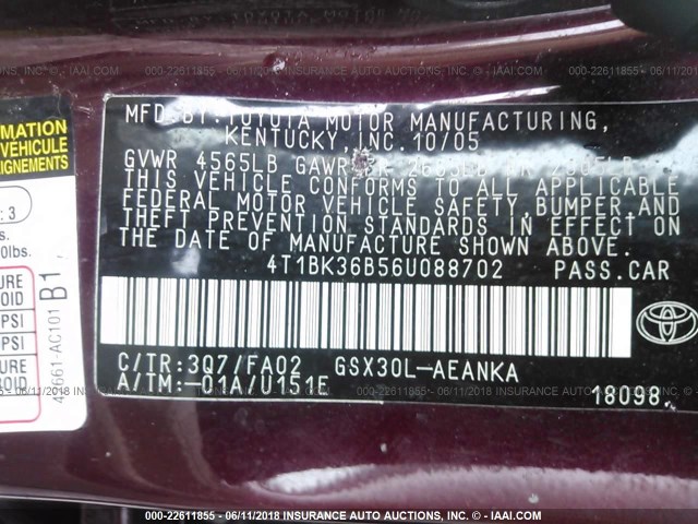 4T1BK36B56U088702 - 2006 TOYOTA AVALON XL/XLS/TOURING/LIMITED MAROON photo 9